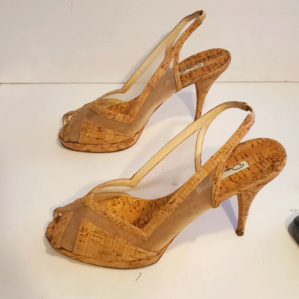 Oscar de la Renta Cork Mesh Slingback Peeptoe Heels Size 9 - Picture 4 of 12